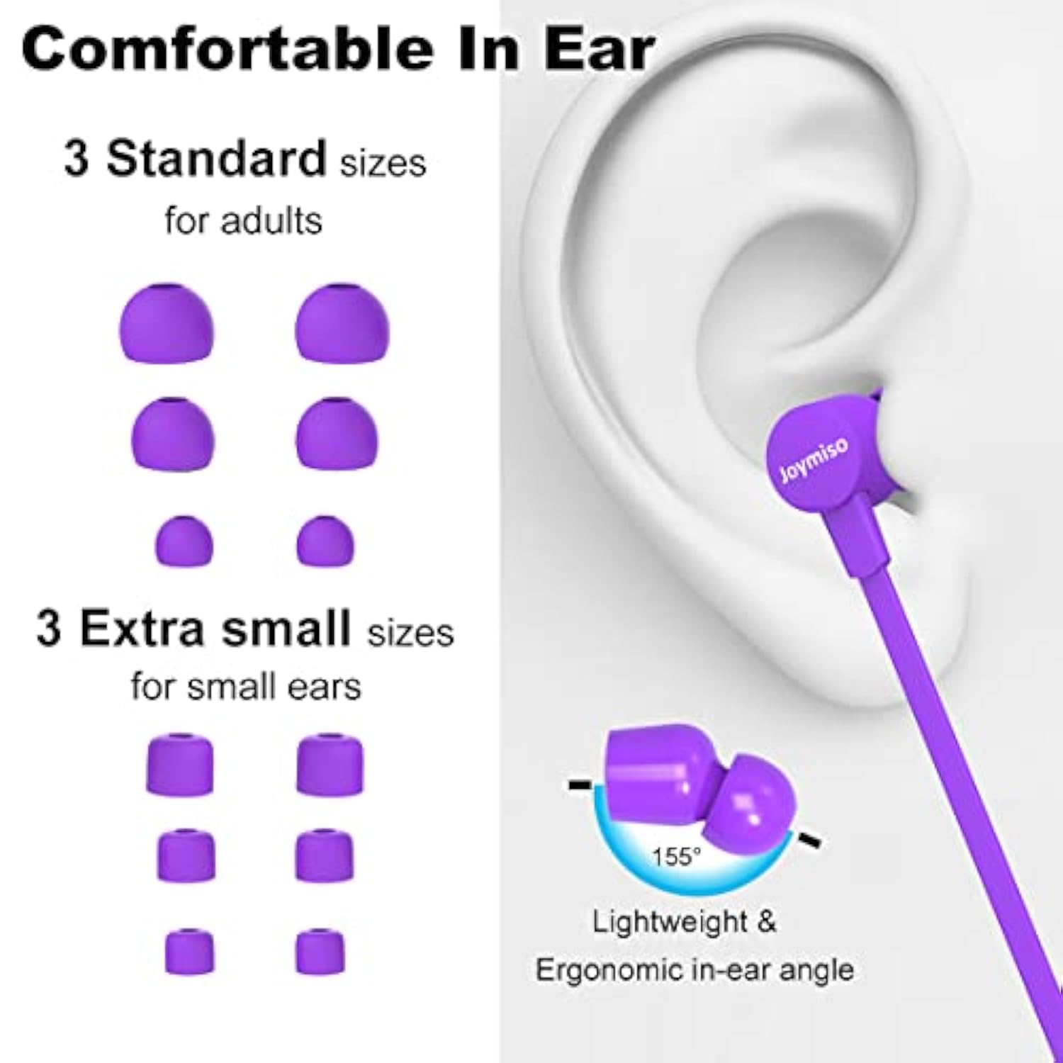 Joymiso Tangle Free Earbuds For Kids Women Small Ears With Case, Comfortable Lightweight In Ear Headphones, Flat Cable Ear Buds Wired Earphones With Mic And Volume Control For Cell Phone Laptop Purple