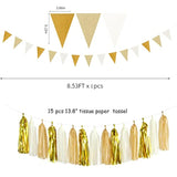 White Gold Champagne Party Decorations - 23Pcs Tissue Pom Poms Streamers,Christmas Wedding Engagement Tassel Garland Banner,Bachelorette Neutral Birthday Baby Bridal Shower Decor
