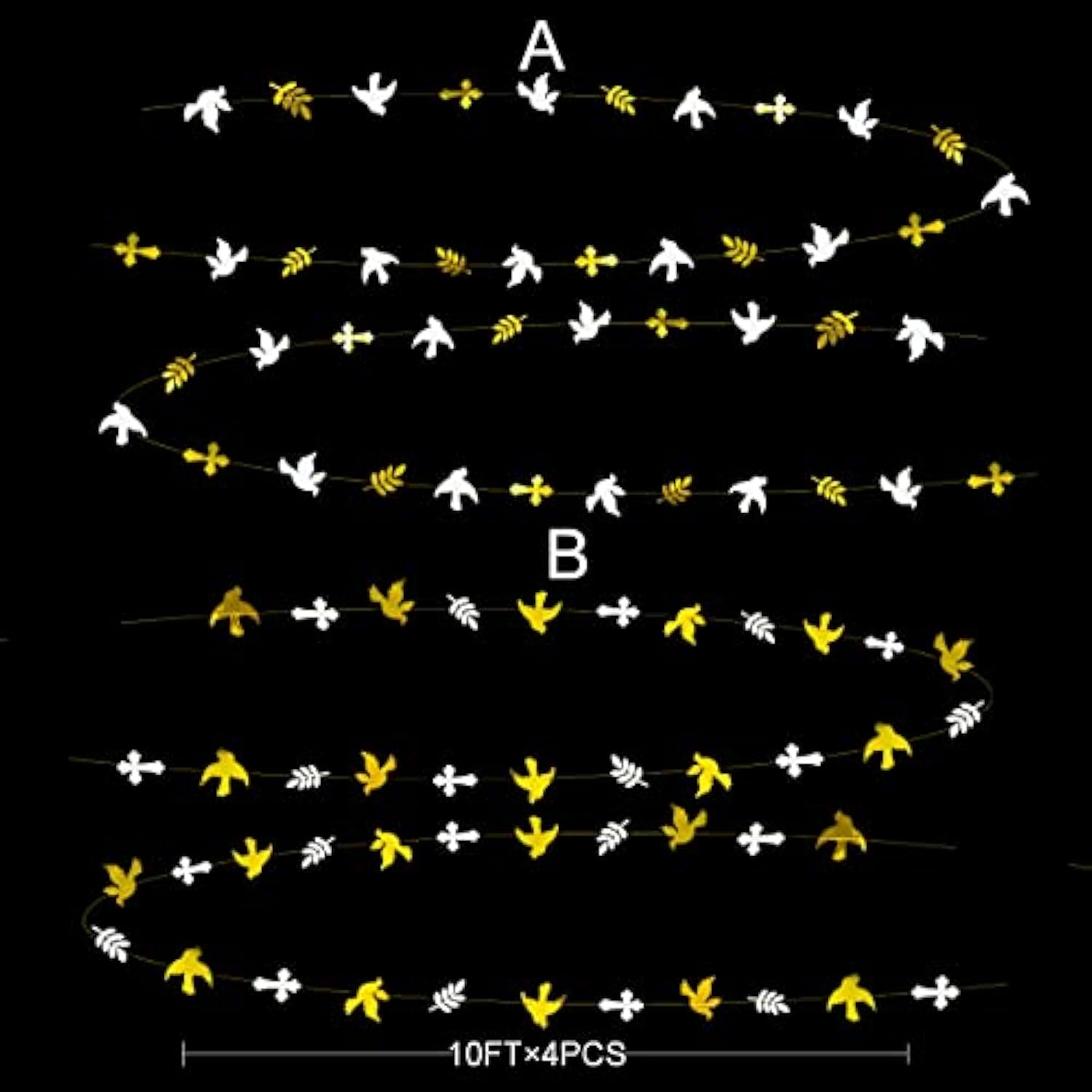 40Ft Gold And White Peace Doves Olive Leaf Cross Paper Garland Streamer For Spring Wedding Bridal Baby Shower Birthday Engagement First Holy Communion Religious Christian Baptism Tea Party Decorations