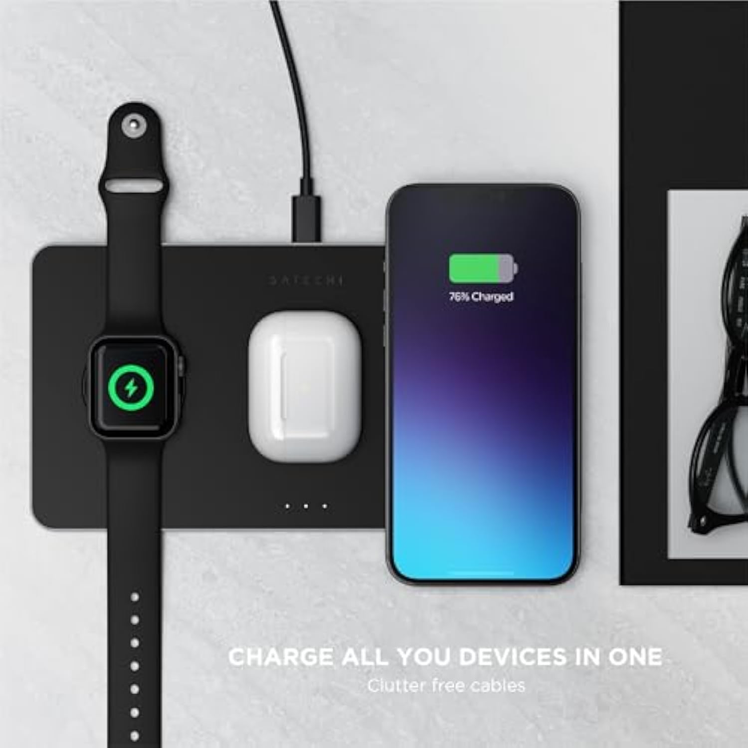 Satechi Trio Wireless Charger with Magnetic Pad, Qi Certified, Compatible with iPhone 16 Pro Max/16 Pro/16/16 Plus, AirPods Pro/Gen 3, Apple Watch Ultra & Series (CT-X3TWCPM)