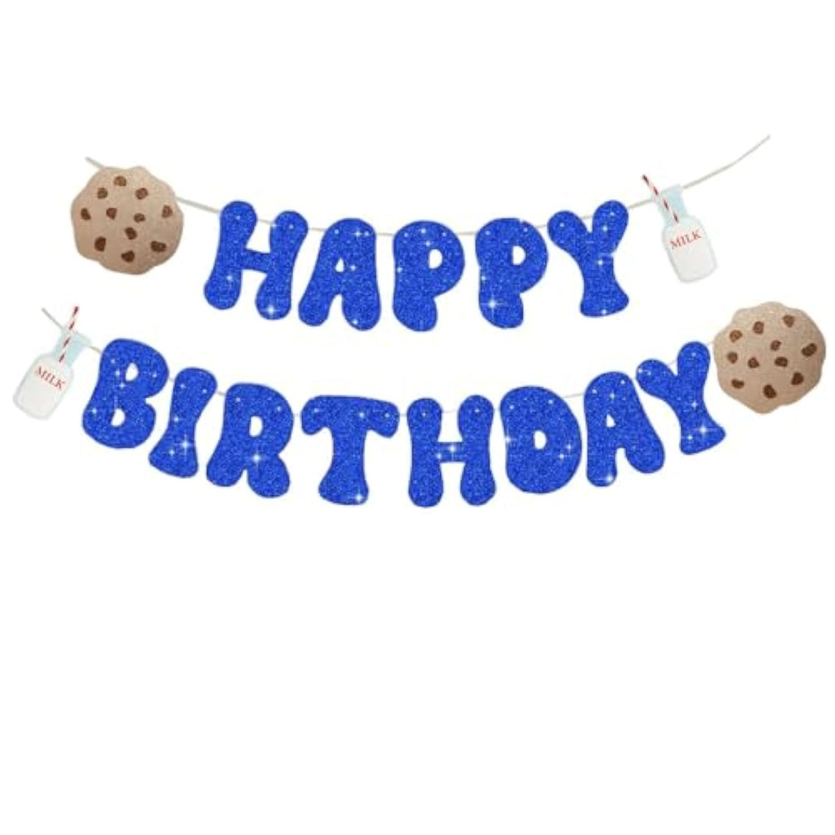 Milk And Cookies Happy Birthday Banner,Funny Blue Glitter Paper Sign Banner For Kids Cookie Milk Birthday Party Decor,Cookie Milk Theme Happy Birthday Party Decorations.