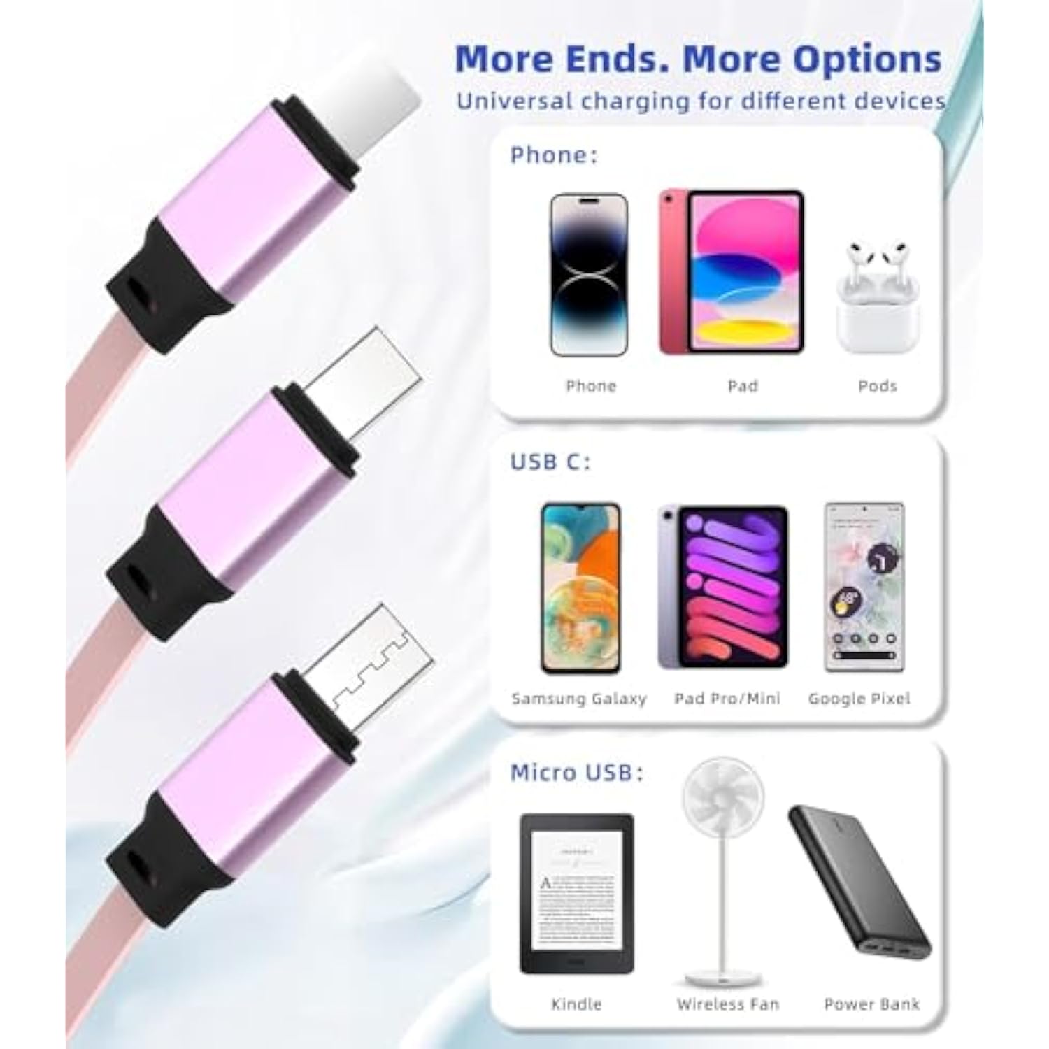 3 In 1 Retractable Charging Cable [3A,3Ft] Multi Usb Cable Fast Charger Cord For Phone, Samsung, Ipad, Tablets, Switch And More - Pink