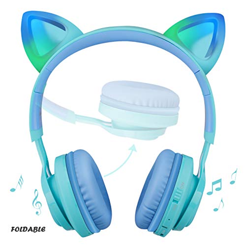 Kids Headphones, CT-7S Cat Ear Bluetooth Headphones with LED Light, 85dB Volume Limiting, Over Ear with Microphone for Laptop/PC/TV (Blue & Green)