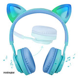 Kids Headphones, CT-7S Cat Ear Bluetooth Headphones with LED Light, 85dB Volume Limiting, Over Ear with Microphone for Laptop/PC/TV (Blue & Green)