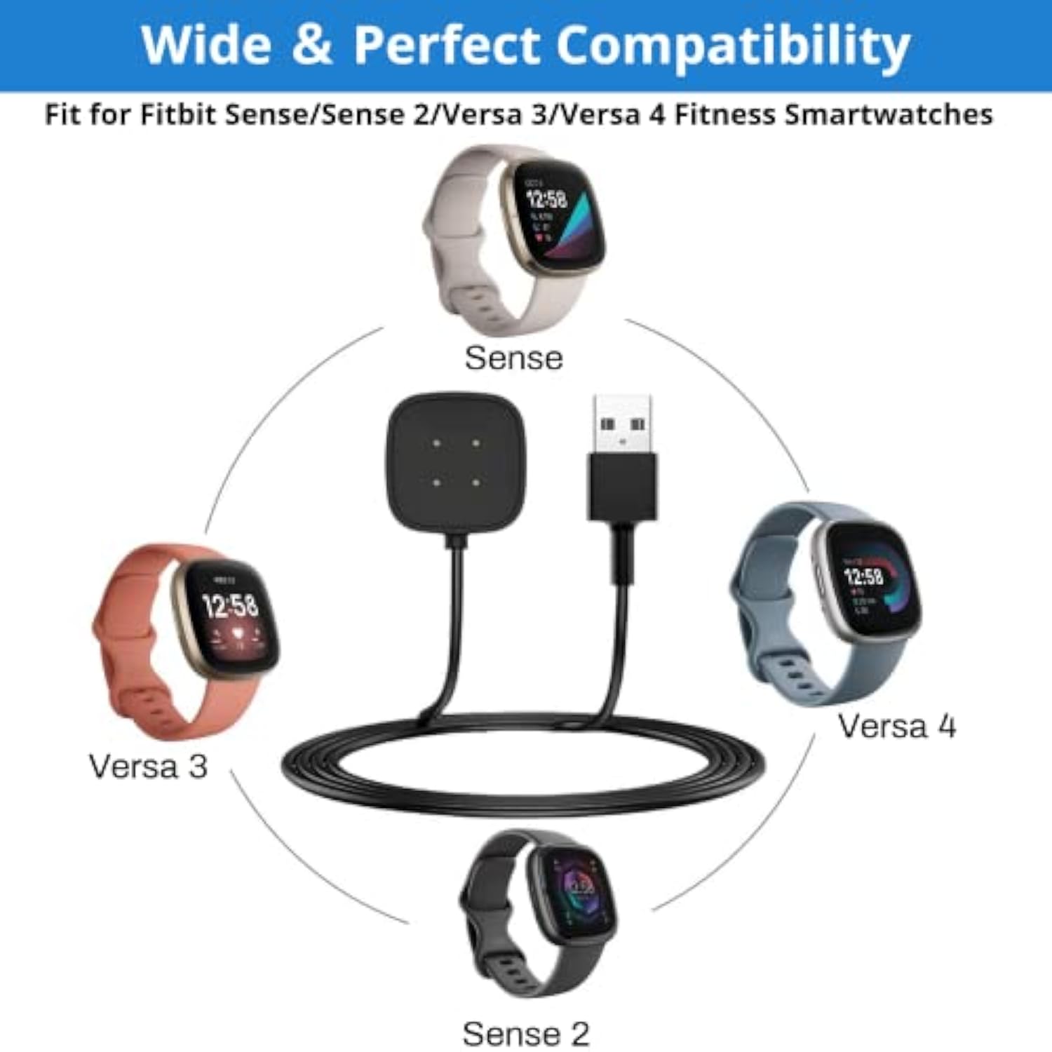 2-Pack Fitbit Versa and Sense Charger Cable 3.3Ft Magnetic Replacement