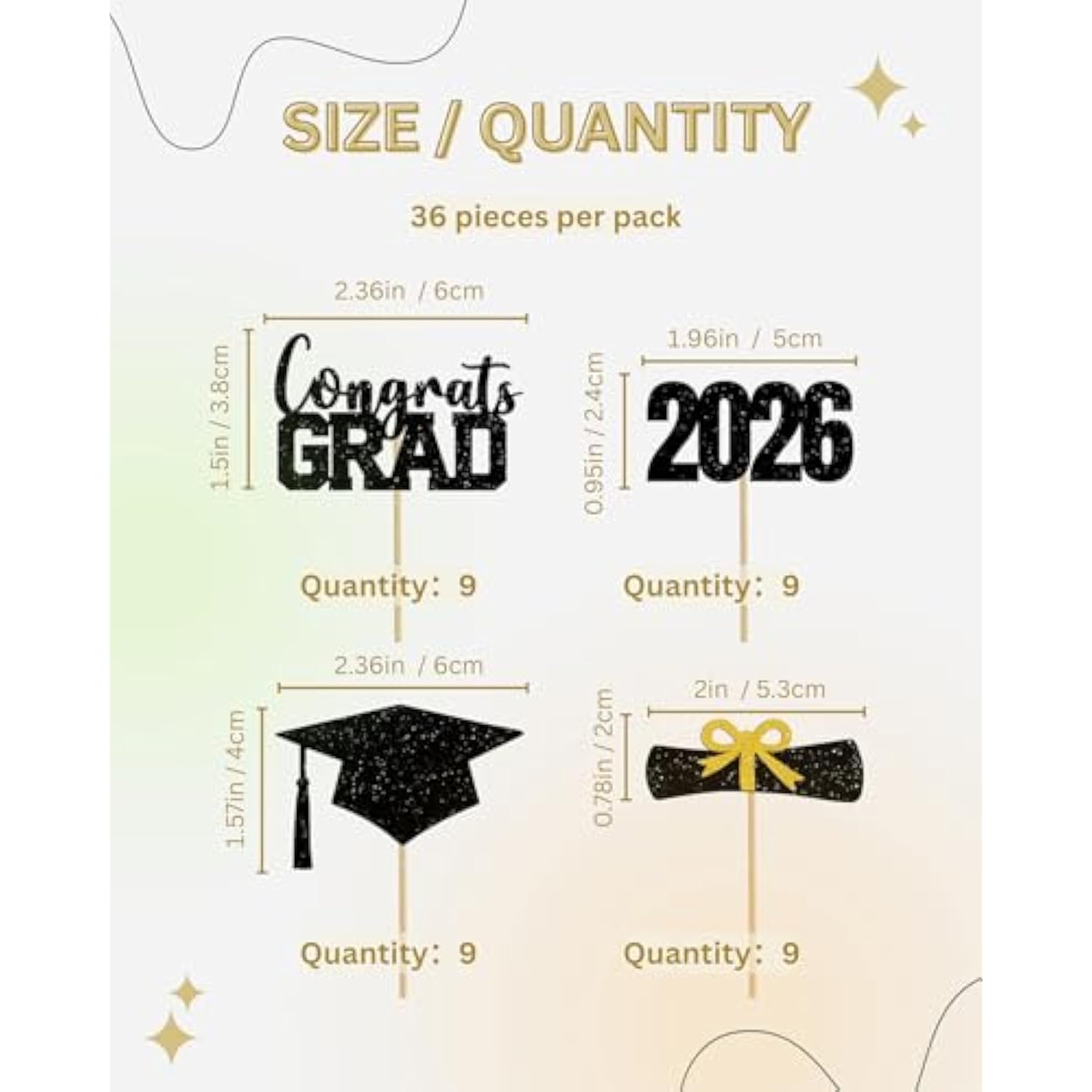 Graduation Cupcake Toppers 2026, 36 Pcs Glitter Class Of 2026 Cupcake Toppers Supplies, Includes Stands Graduation Party Decorations For Table Toppers. (36, Bg)