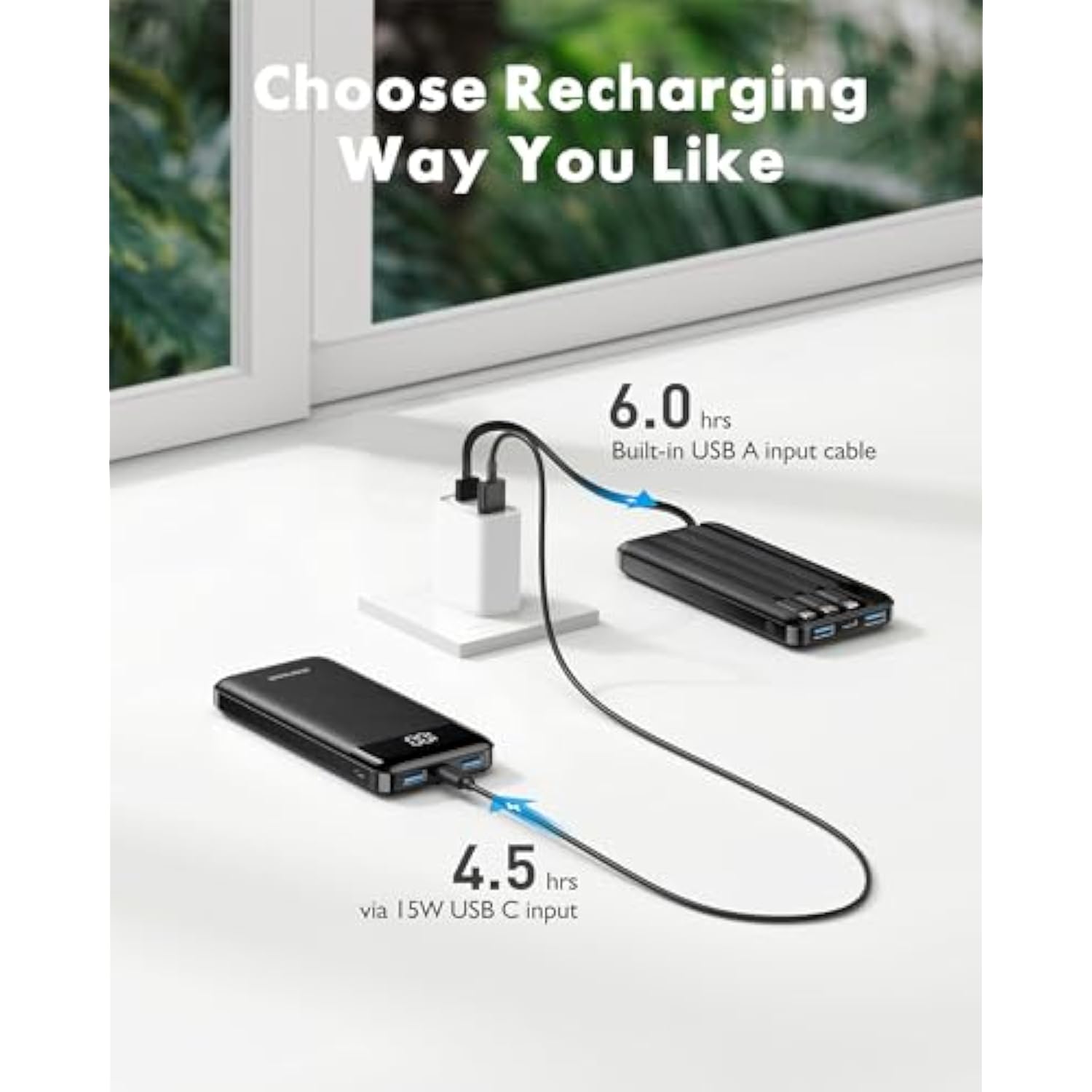 Slim 10000mAh Portable Charger with Built-in Cables, 6 Outputs for iPhone, Android