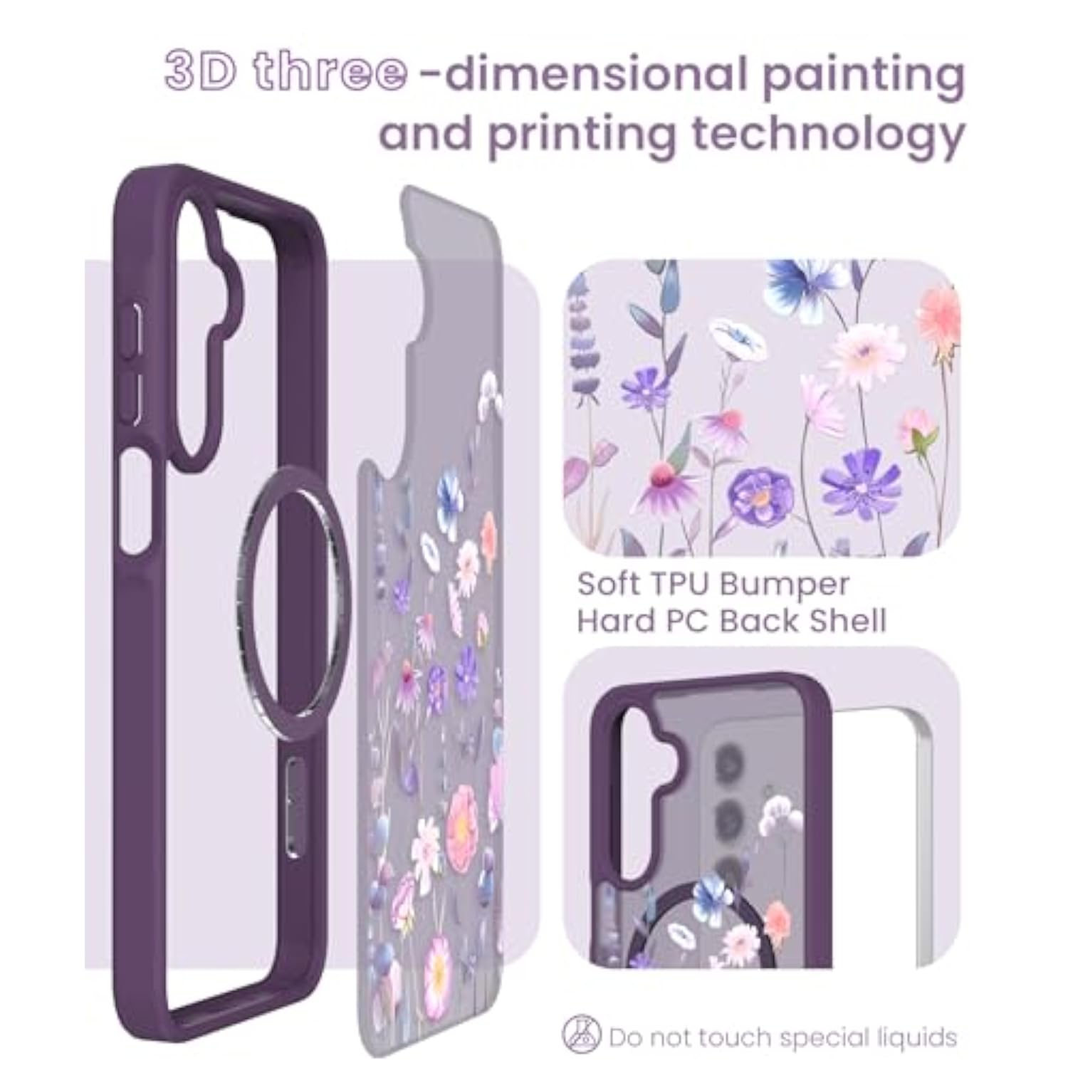 For Samsung Galaxy A16 5G Floral Phone Case With 2X Screen Protector, Military Grade Magnetic Translucent Matte Girls Women Flower Pattern Protective Cover For A16 5G (Deep Purple)