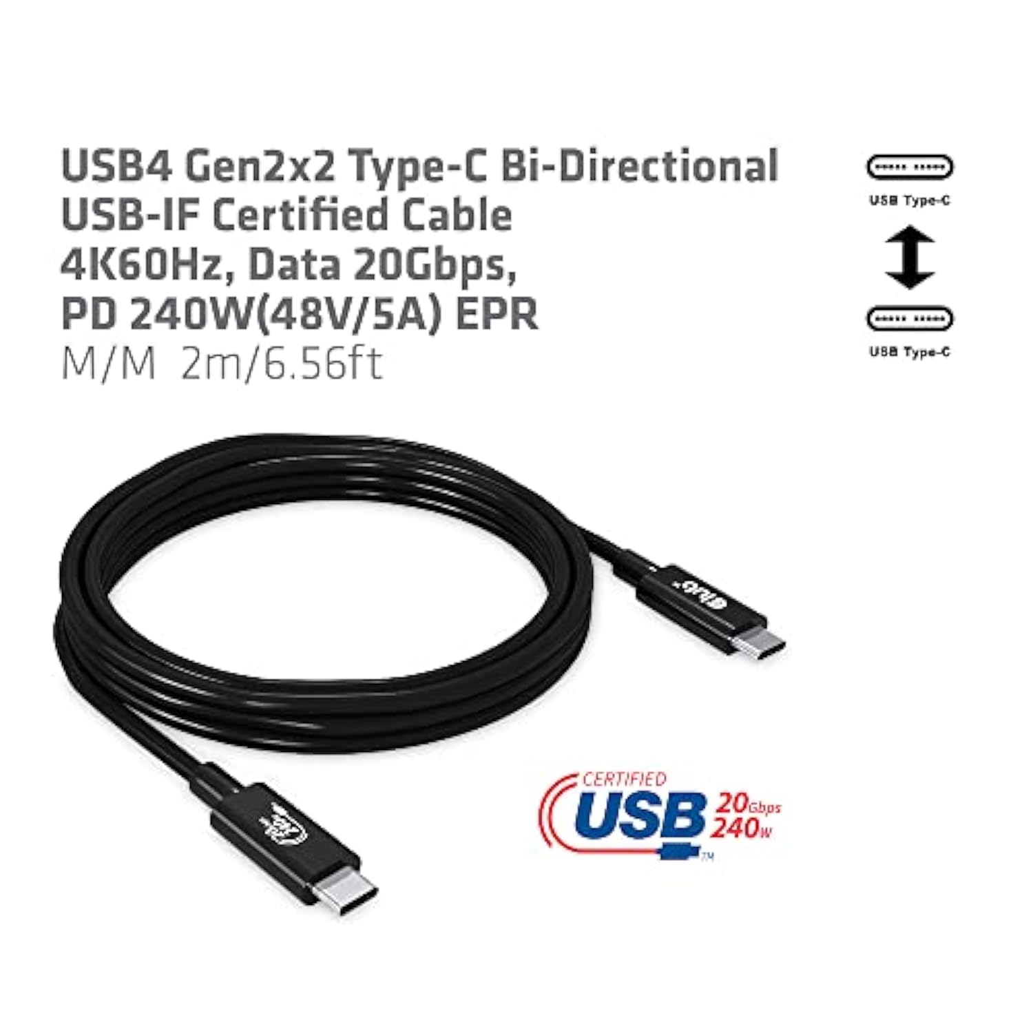 Cac-1575 Usb4 Gen3X2 Type C To Type C Bi-Directional Cable With 240W Charging, 20Gbps Data Transmission And Supports 4K60Hz Video 2M - 6.56Ft