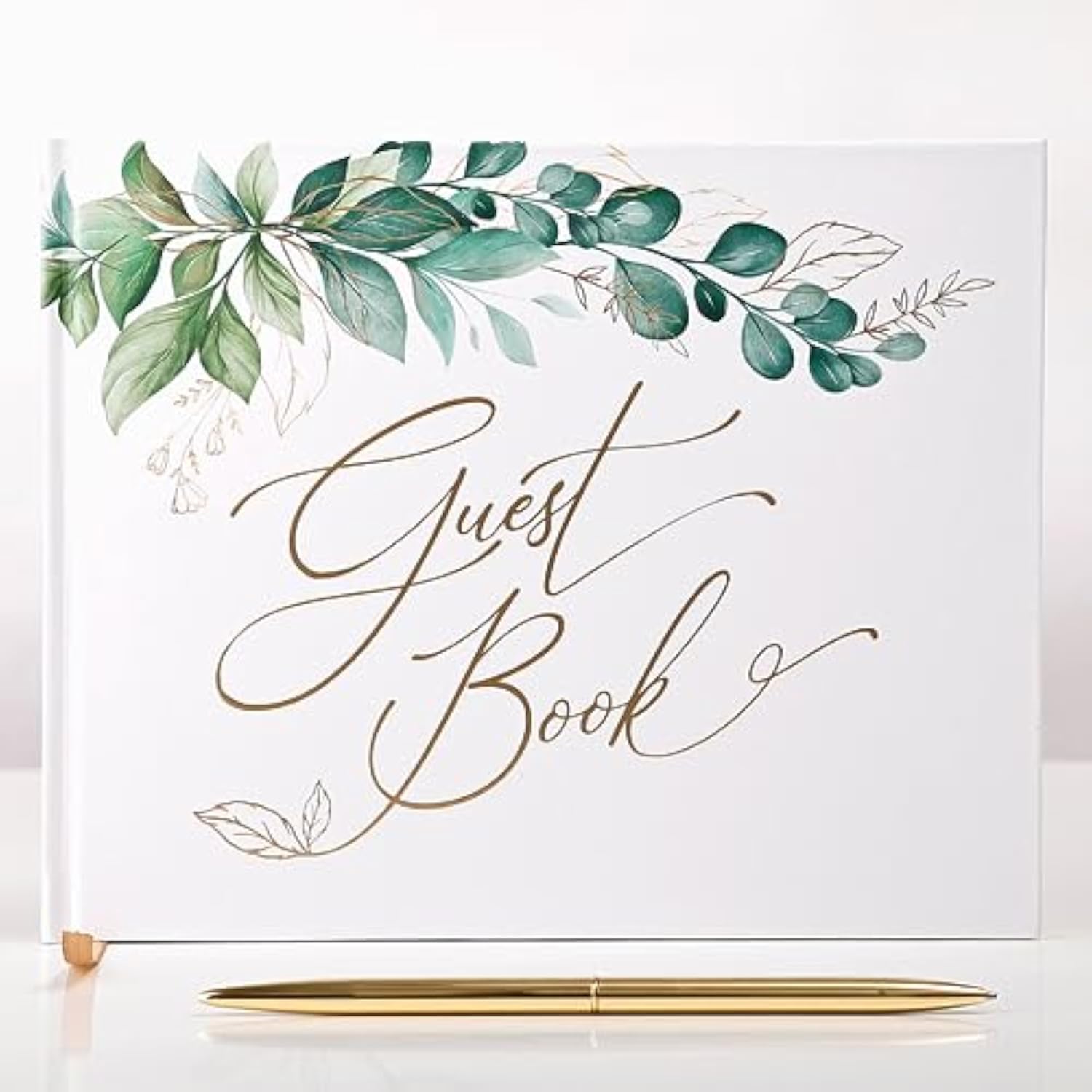 Gold Foil Greenery Wedding Guest Book 7 X 9 Inches, Pen & Table Sign Included, Resgistry Sign In Book For Wedding, Bridal Shower, Baby Shower, Graduation, Birthday, Funeral, Anniversary Or Reception