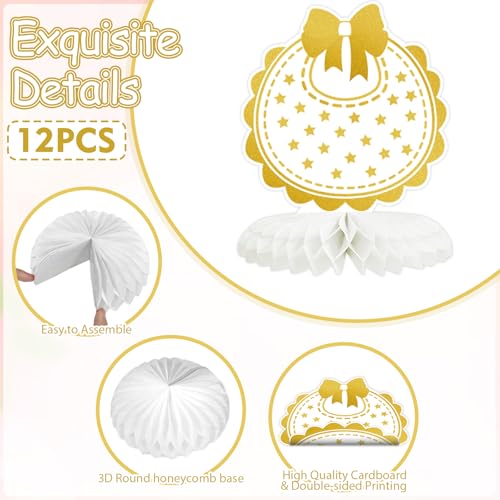 12 Pcs Baby Shower Honeycomb Decorations Centerpieces Boy Girl Gender Reveal Gold Honeycomb Table Centerpiece for Birthday Party Baby Showers Table Topper Supplies