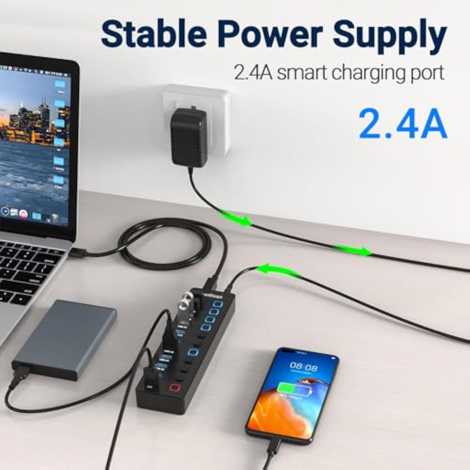 Powered Usb Hub, 11-Port Usb 3.0 Hub Splitter - 10 Usb 3.0 Data Transfer Ports