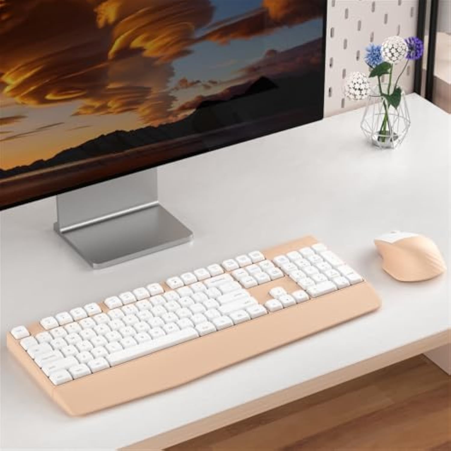 Wireless Keyboard And Mouse Combos, Retro Keyboard And Mouse Wireless 104 Keys Full Size, 2.4Ghz Connection And Optical Mouse For Windows, Mac, Pc, Laptop For Home And Office (White Milk Tea)