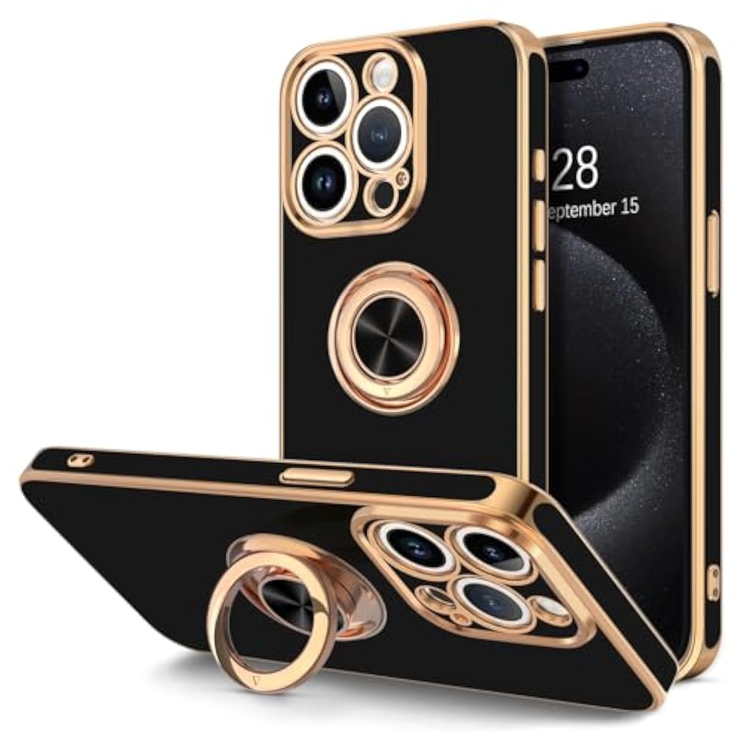 For Iphone 15 Pro Case With Ring Stand, 360° Rotatable Ring Holder Magnetic Kickstand, Plating Rose Gold Edge Soft Cover Luxury Protective Phone Case For Iphone 15 Pro 6.1"?, Black