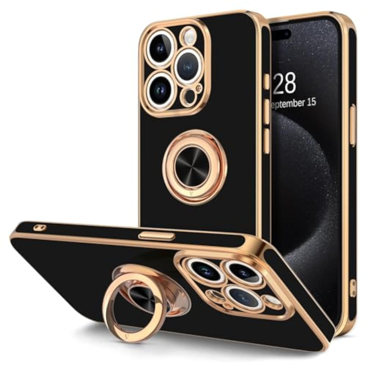 For Iphone 15 Pro Case With Ring Stand, 360° Rotatable Ring Holder Magnetic Kickstand, Plating Rose Gold Edge Soft Cover Luxury Protective Phone Case For Iphone 15 Pro 6.1"?, Black