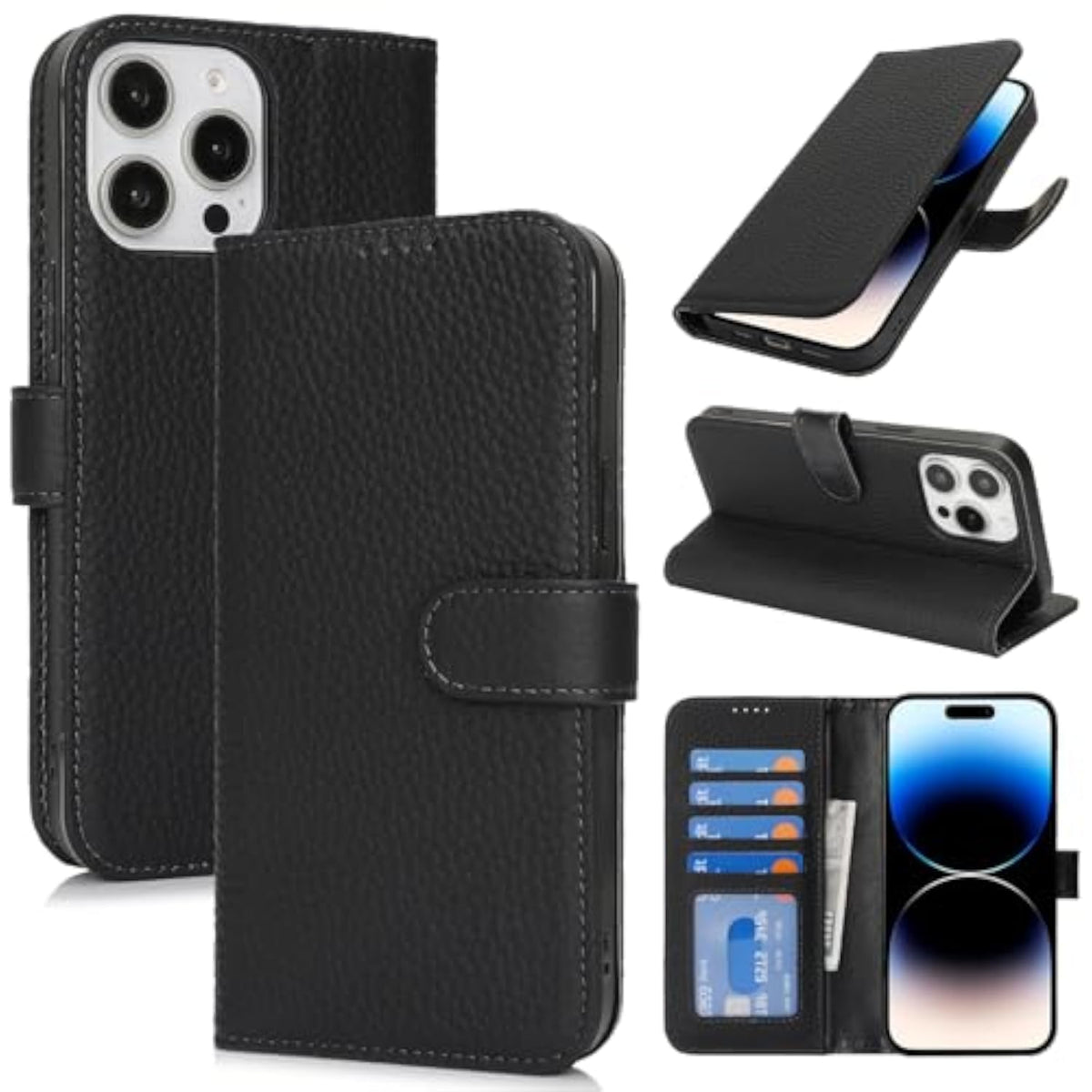 Genuine Leather Wallet Case for iPhone 14 Pro with 4 Card Slots and RFID Blocking - Black