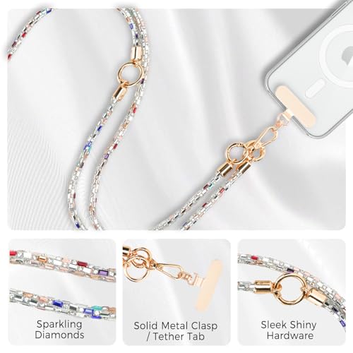 Diamond Phone Lanyard Crossbody+Wrist Strap+Tabs for Women,Detachable Teacher Neck Lanyards for ID Badges Holder,Luxury Purse Phone Strap for Travel