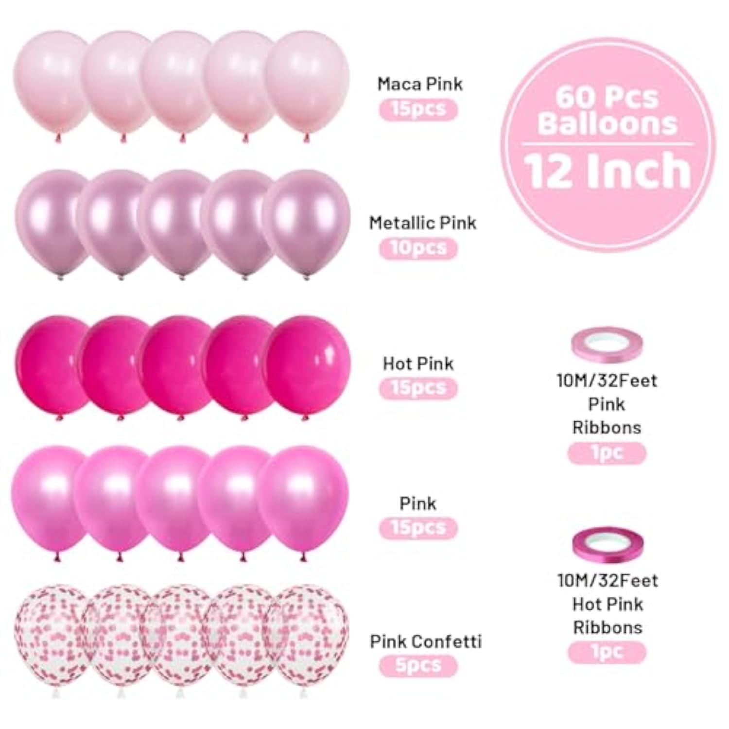 60pcs Hot Pink Balloon Set with Confetti & Metallic Balloons for Birthday  Baby Shower Decor