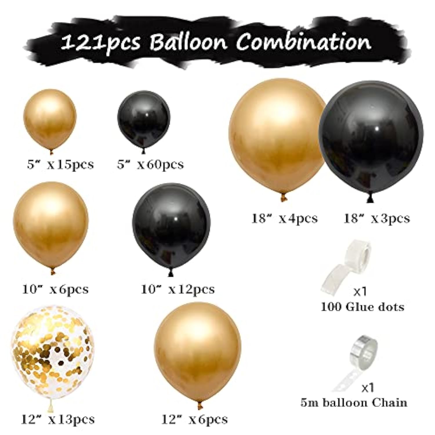 121PCS Black Gold Balloon Garland Kit for Birthday, Graduation, and Parties