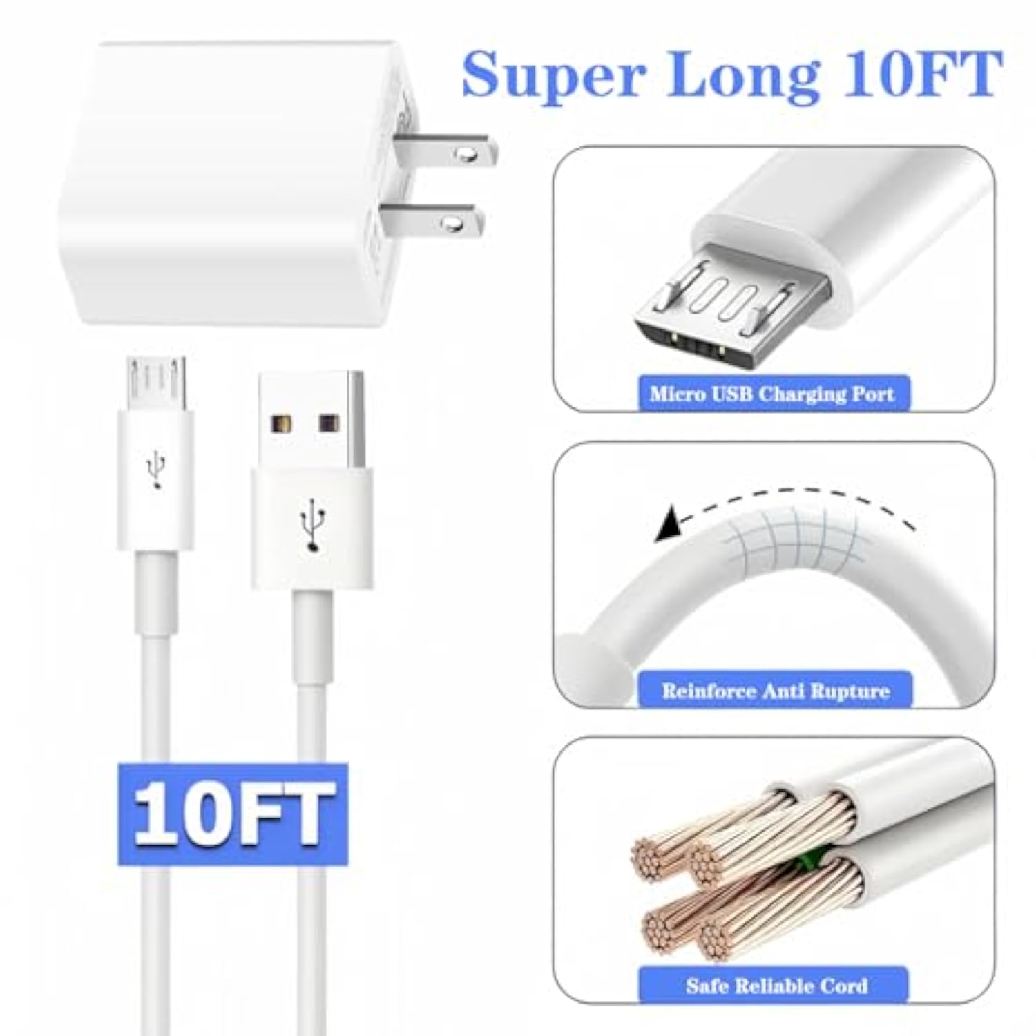 Usb A To Micro Usb Cable 10Ft Usb Charging Block 5V 2A Power Adapter Compatible Fo Samsung Galaxy Tab A, E, S, S2, 3, 4, 7.0" 8.0" 8.4" 9.6" 9.7" 10.1" 10.5" Lte Samsung Tablet Charger Micro Cord Port