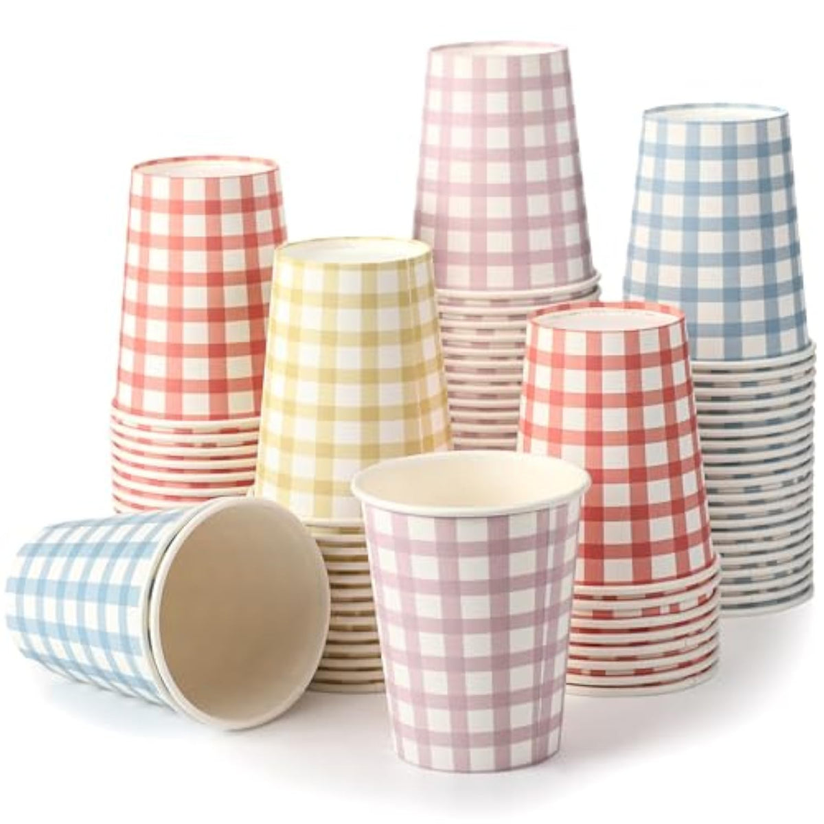 9 Oz Gingham Paper Drinking Cups, 100 Pieces, 4 Colors, Checkered Cups For Hot Cold Beverage, Birthday Party, Travel, Picnic