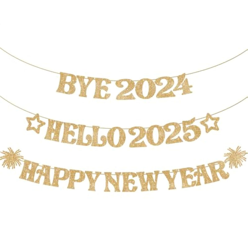 , Glitter Gold Happy New Year Banner - 10 Feet, Bye 2024 Hello 2025 Banner | Happy New Years Decorations, Happy New Year 2025 Sign | New Years Eve Party Supplies 2025 | Nye Decorations 2025