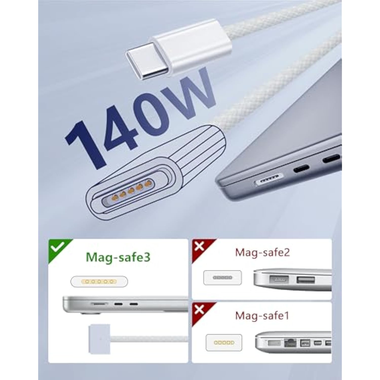 140W Usb C To Magnetic 3 Cable (2M/6.6Ft), Usb C Cable Compatible With Macbook Pro (16/14-Inch 2023/2021), Macbook Air (15/13-Inch M3 2024, 15-Inch M2 2023, 13-Inch M2 2022), Silver