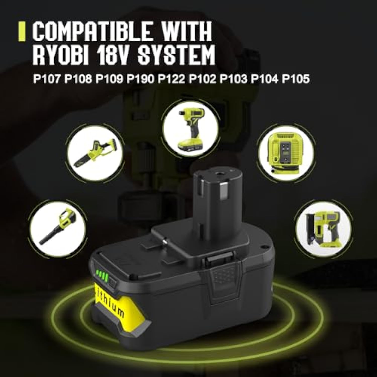 2Pack 8.0Ah Replacement For Ryobi 18V Battery For Ryobi One+ P108 P107 P105 P104 P103, With P117 2-Port Ryobi 18V Battery Charger