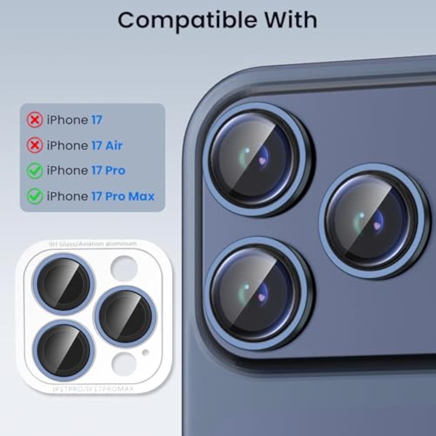 Compatible For Iphone 17 Pro/17 Pro Max Camera Lens Protector, Explosion-Proof 9H Tempered Glass With Metal Original Style Ring, Hd, Anti-Scratch Lens Protection Cover, Case Friendly (Blue)