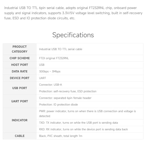 Industrial USB to TTL 6pin Serial Cable, Original FT232RNL Chip, Multi Protection Circuits, Multi Systems Support, with Hardware Flow Control