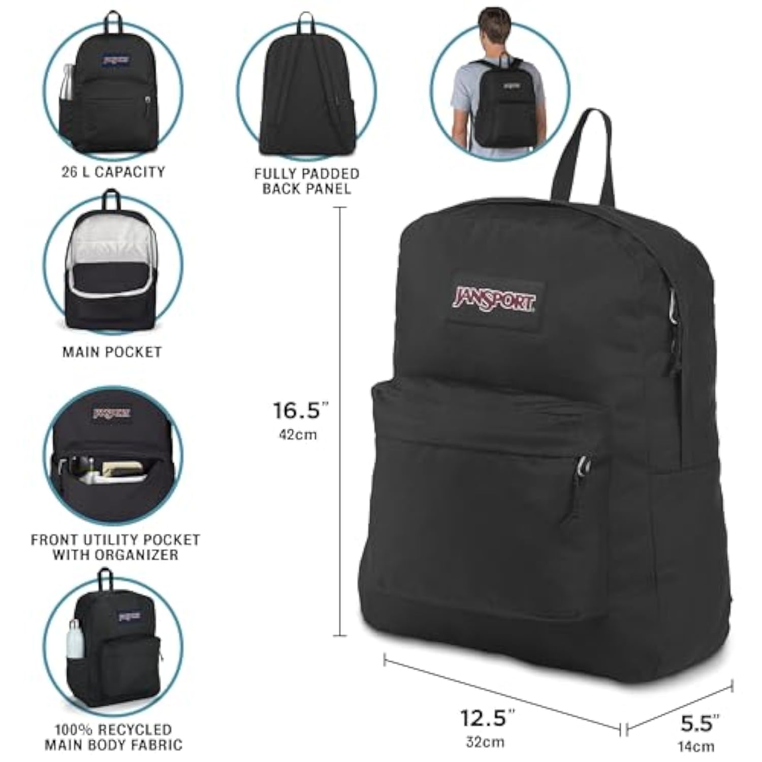 JanSport NCAA Officially Licensed Backpack, Ohio State Buckeyes, Superbreak Plus with Padded 15'' Laptop Sleeve, Spacious Computer Bag for Men & Women, Durable Daypack with Bottle Pocket, Black