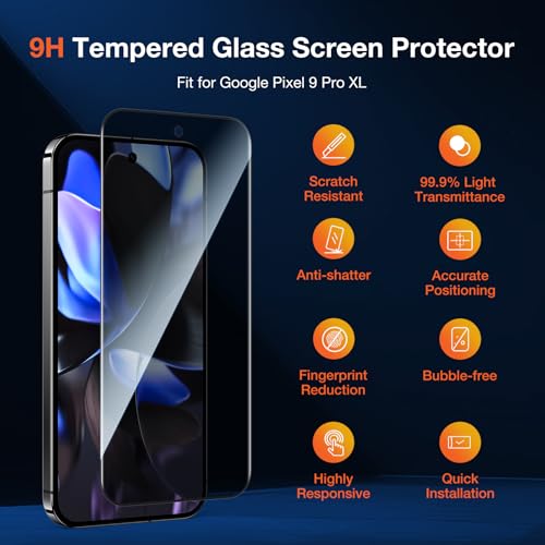 2 Pack Privacy Tempered Glass Screen Protector for Google Pixel 9 Pro XL, Anti Spy Private 9H Hardness Shatterproof Protective Film, Anti-Scratch