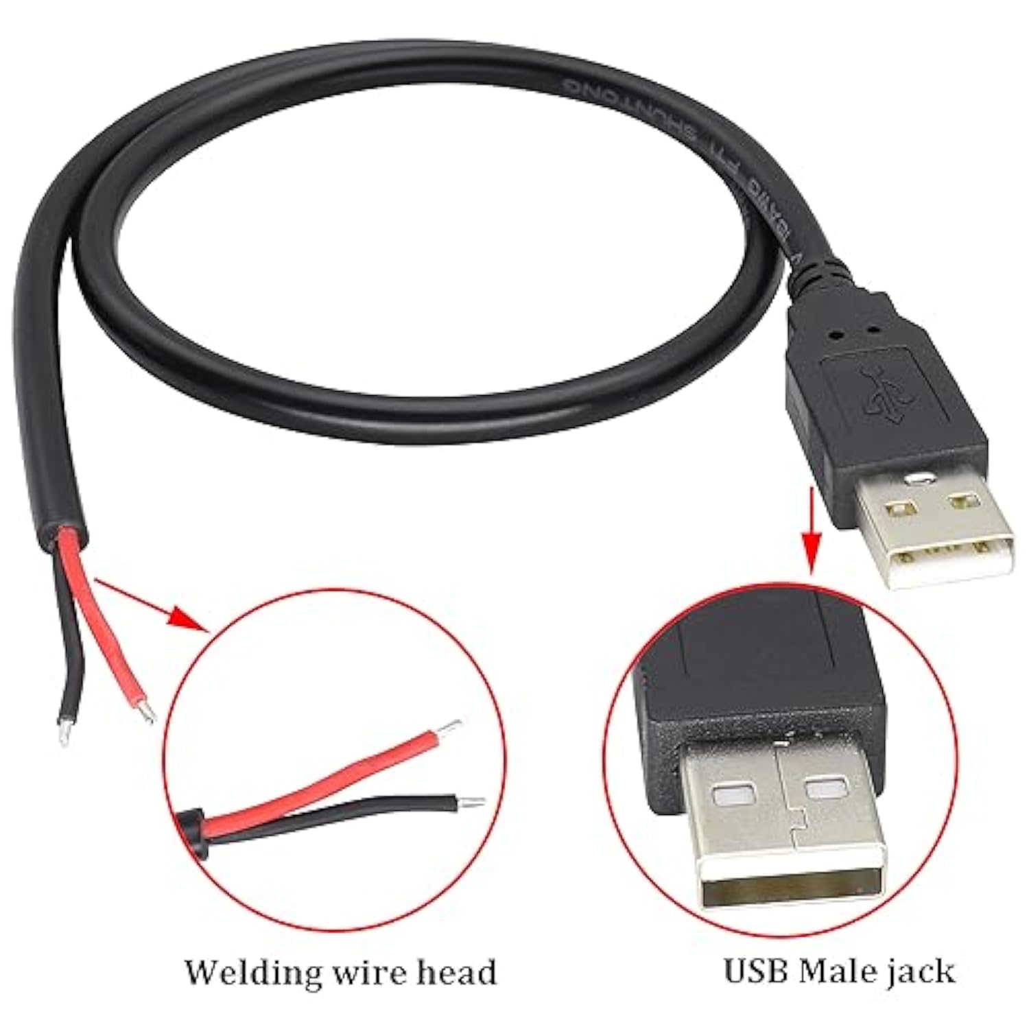 18Awg Usb 2.0 Male Plug To 2Pin Bare Cable Usb A Male Plug To 2Pin Bare Wire Pigtail Open End Extension Cable 5V 5A Power Charge Wires Diy Connector Cable [2Pack/Black][0.5M/1.6Ft]