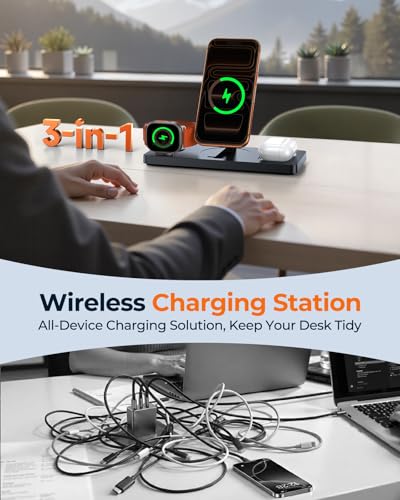 Foldable 3-in-1 Wireless Charging Station for  Magsafe Charger Stand, Travel-Friendly Fast Magnetic Wireless Charger Station for iPhone