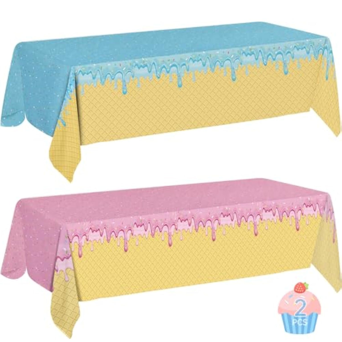 2 Pcs Ice Cream Table Cloth - Blue Pink Disposable Party Tablecloth Decorations, Plastic Rectangle Summer Bar Table Covers For Ice Cream Baby Shower Birthday Party Supplies Tables Decor, 54 X 108Inch