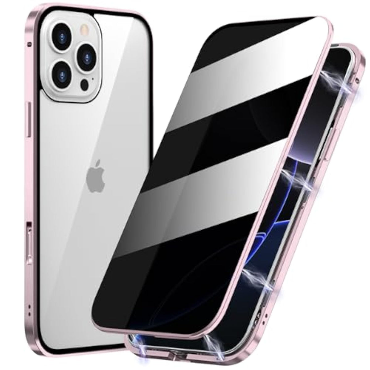 Magnetic Privacy Case For Iphone 16 Pro Max, Anti Peep Magnetic Adsorption Double Side Tempered Glass Full Body Case Privacy Screen Protector Metal Titanium Frame Clear Back Phone Case Cover Pink