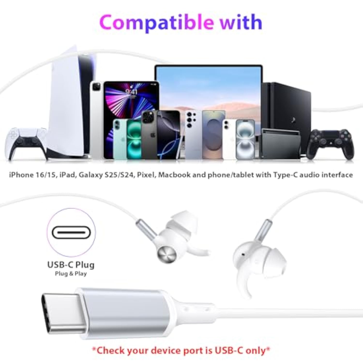 Usb-C Wired Earbuds With Anti-Fall/Hurt Wingtips For Iphone 17-15 Pro Max/Ipad - Mic & Volume Control, Pure Stereo Deep Bass, Sweatproof In-Ear Headphones For Running/Home/Office/Small Ear