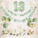 17pcs Sage Green "OMG Ur A Teenager" 13th Birthday Banner & Foil Balloons Set