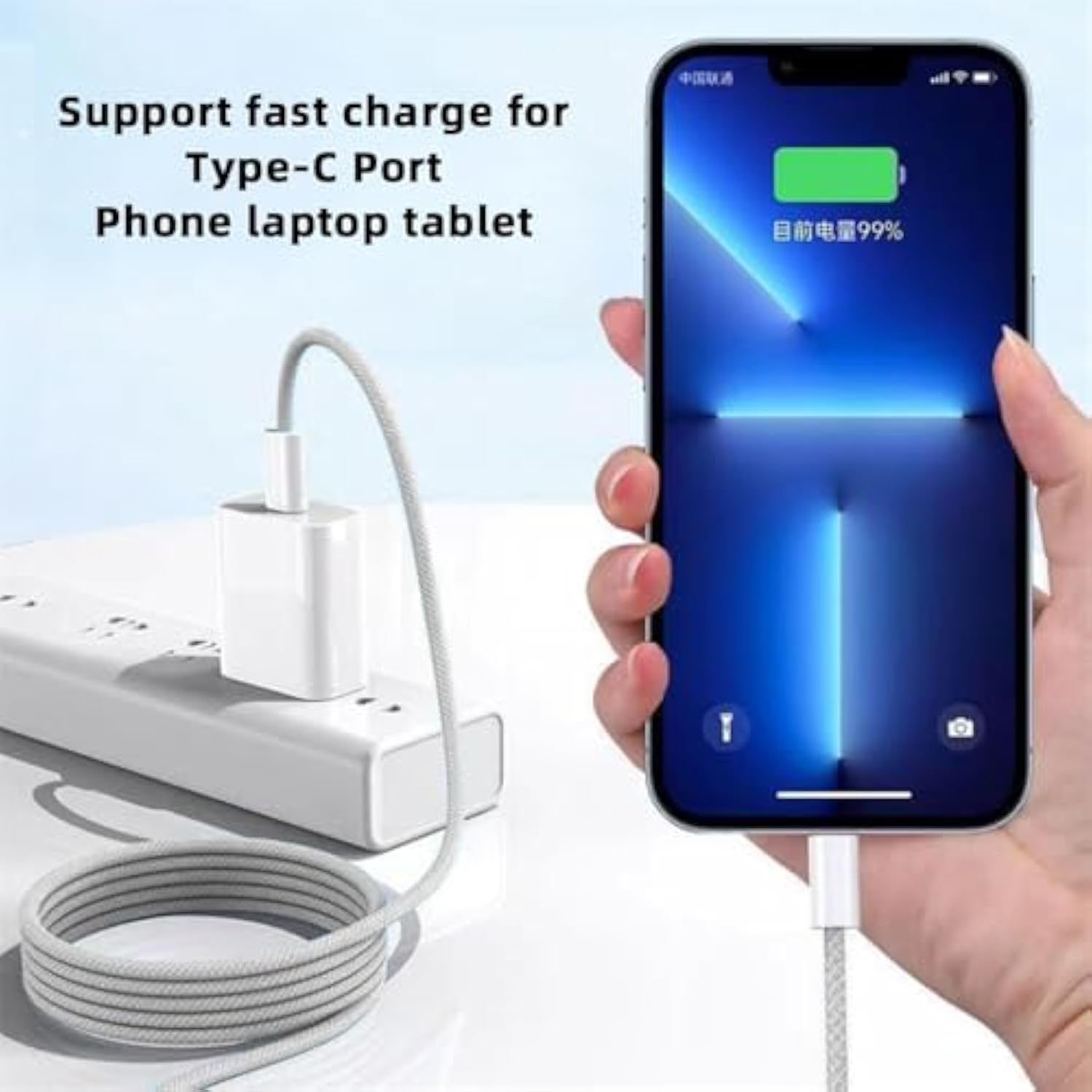 cablecc USB-C PD 27W 65W Power Type C Male to Male 480Mbps Data Cable Sleeve for Phone & Tablet & Laptop White