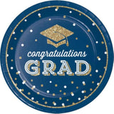 Graduation Party Supply Pack For 18 People | Paper Dinner & Dessert Plates & Napkins | Glittering Grad Design, Blue, Gold, White