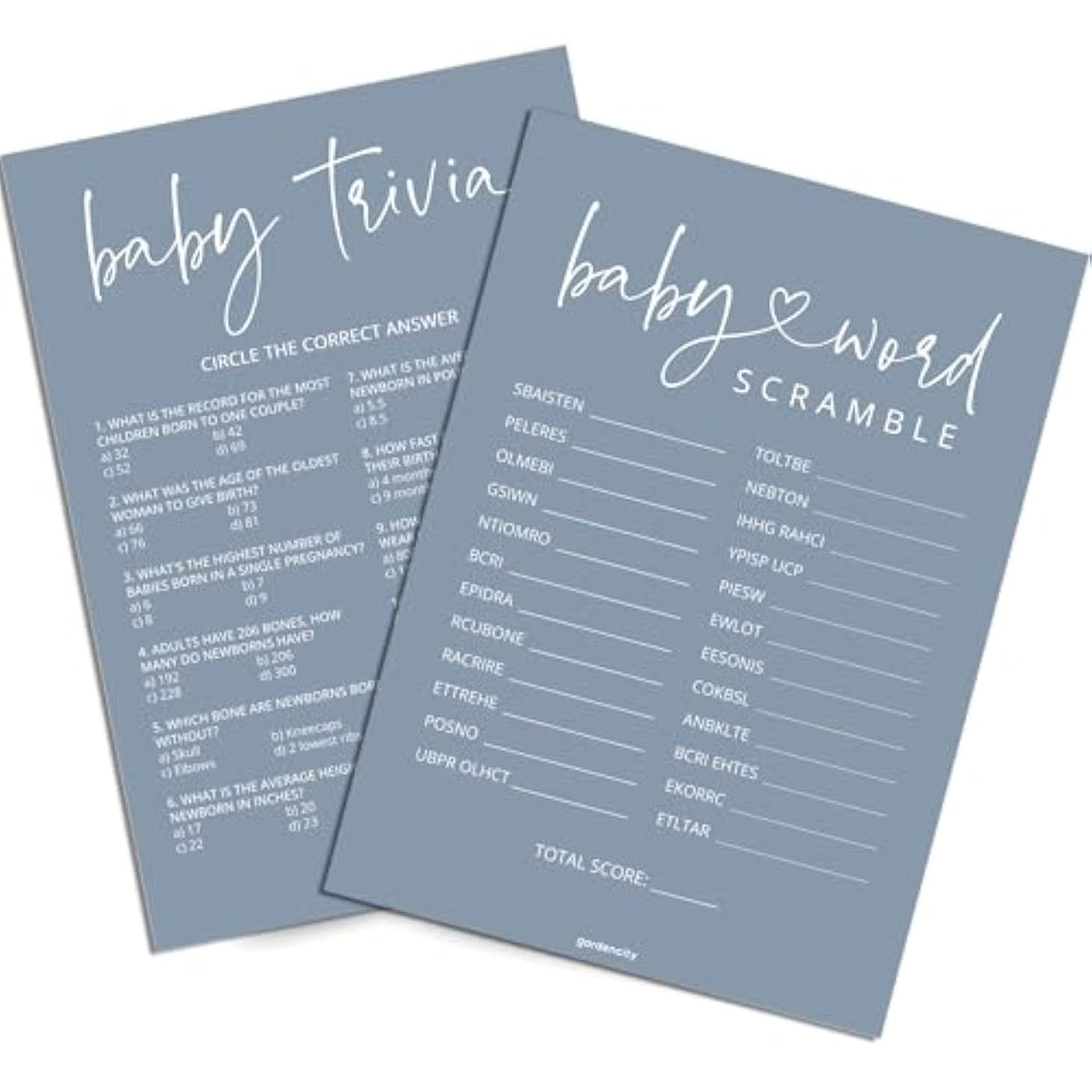 Baby Shower Games Boy - Baby Trivia And Word Scramble Game, 50 Double-Sided Cards (Blue)