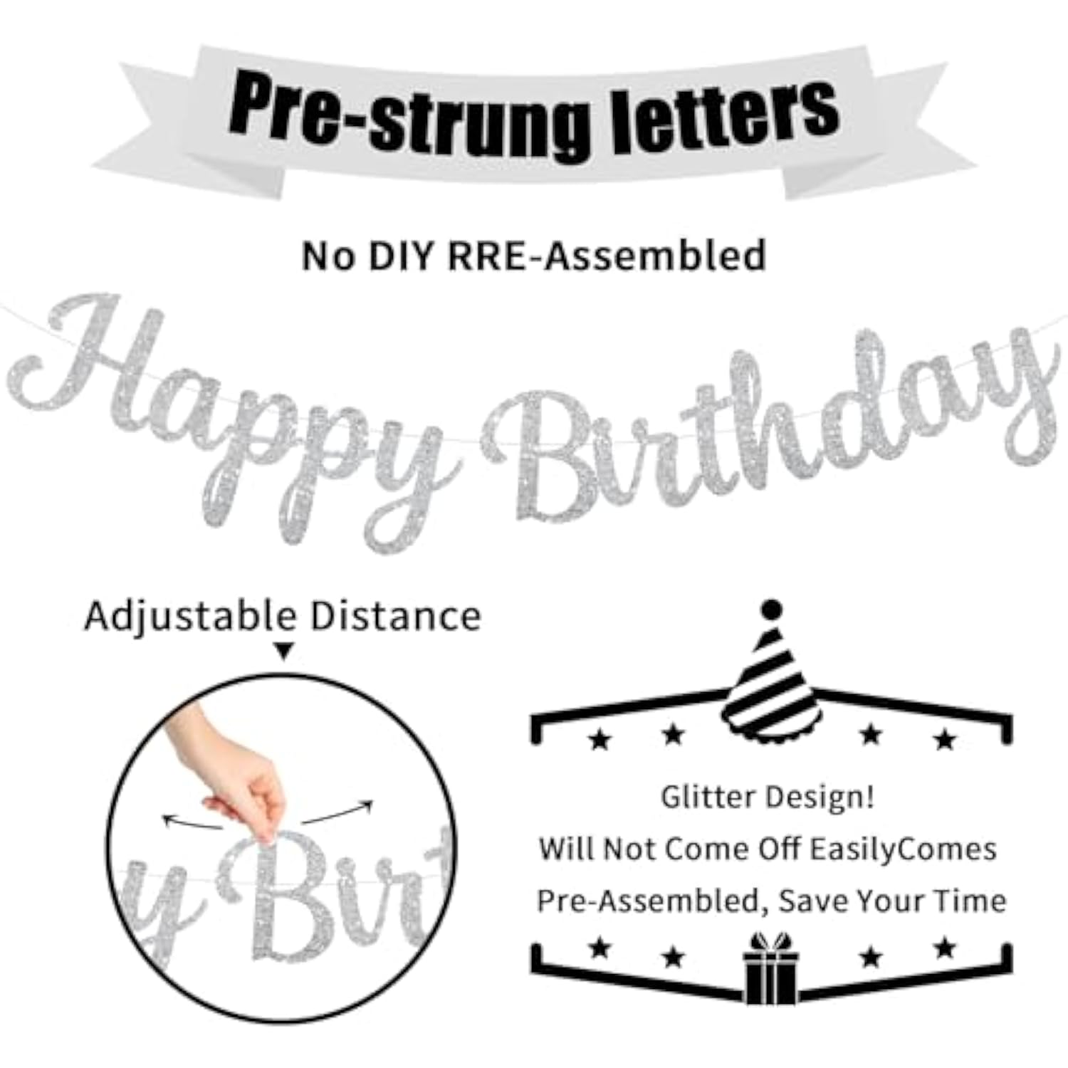 Silver Happy Birthday Banner, Pre-Strung Glitter Silver Birthday Sign, 10 Feet, No Diy, Happy Birthday Garland For Women Men Birthday Party Decorations Supplies