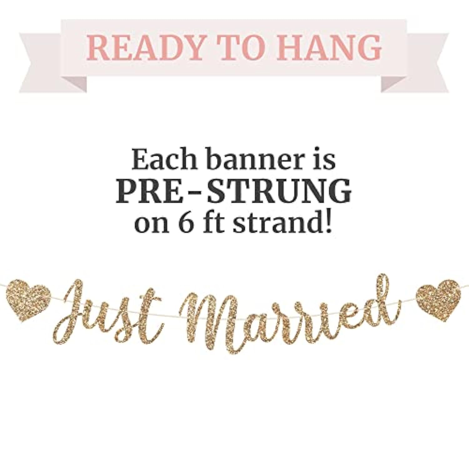 Pre-Strung Just Married Banner - No Diy - Gold Glitter Wedding Party Banner In Script - Pre-Strung Garland On 6 Ft Strand - Gold Wedding Reception Party Decorations & Decor. Did We Mention No Diy