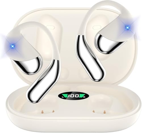 Open Ear Clip Wireless Earbuds Headphones, Bluetooth 5.4, Open Ear Design, Built-in Mic, IPX7 Waterproof, LED Display Charging Case,Ear Hooks Ear