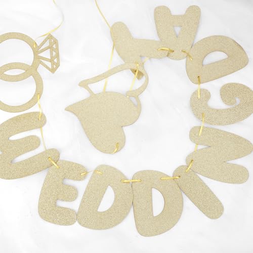 Wedding Day Banner, Champagne Gold Glitter Wedding Banner with Hearts & Diamond Ring Shapes, Wedding Reception Decoration for Anniversary, Ceremony, Bridal Shower & Engagement Party