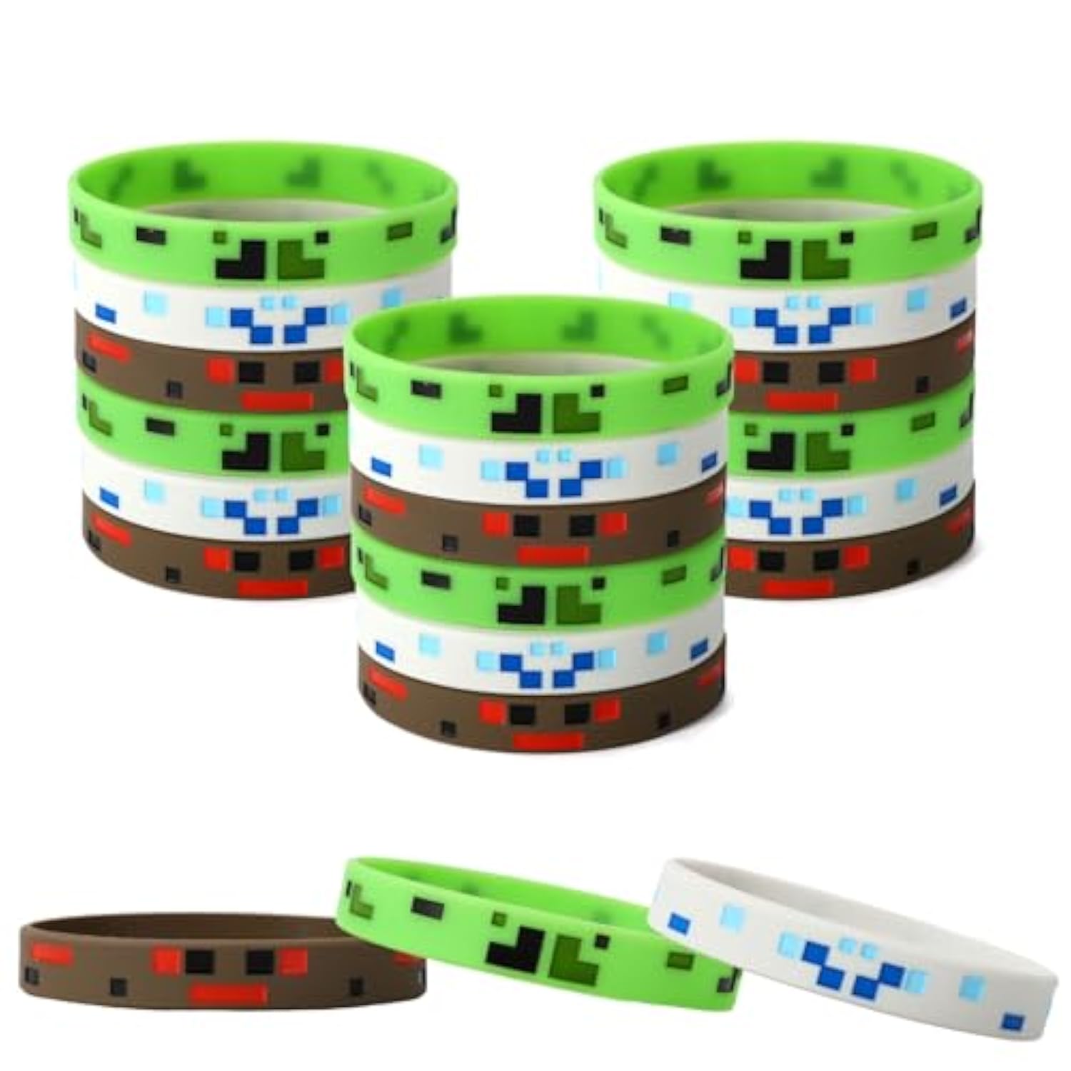 24Pcs Pixel Silicone Bracelets, 3 Styles Pixel Themed Birthday Party Favors Mining Wristbands For Kids Teens Game Party Decorations Goodie Bag Supplies