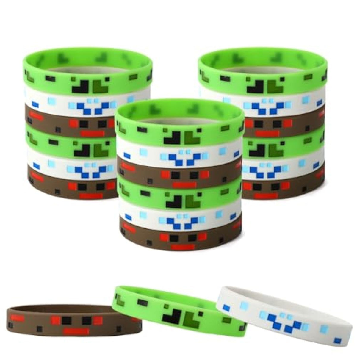 24Pcs Pixel Silicone Bracelets, 3 Styles Pixel Themed Birthday Party Favors Mining Wristbands For Kids Teens Game Party Decorations Goodie Bag Supplies