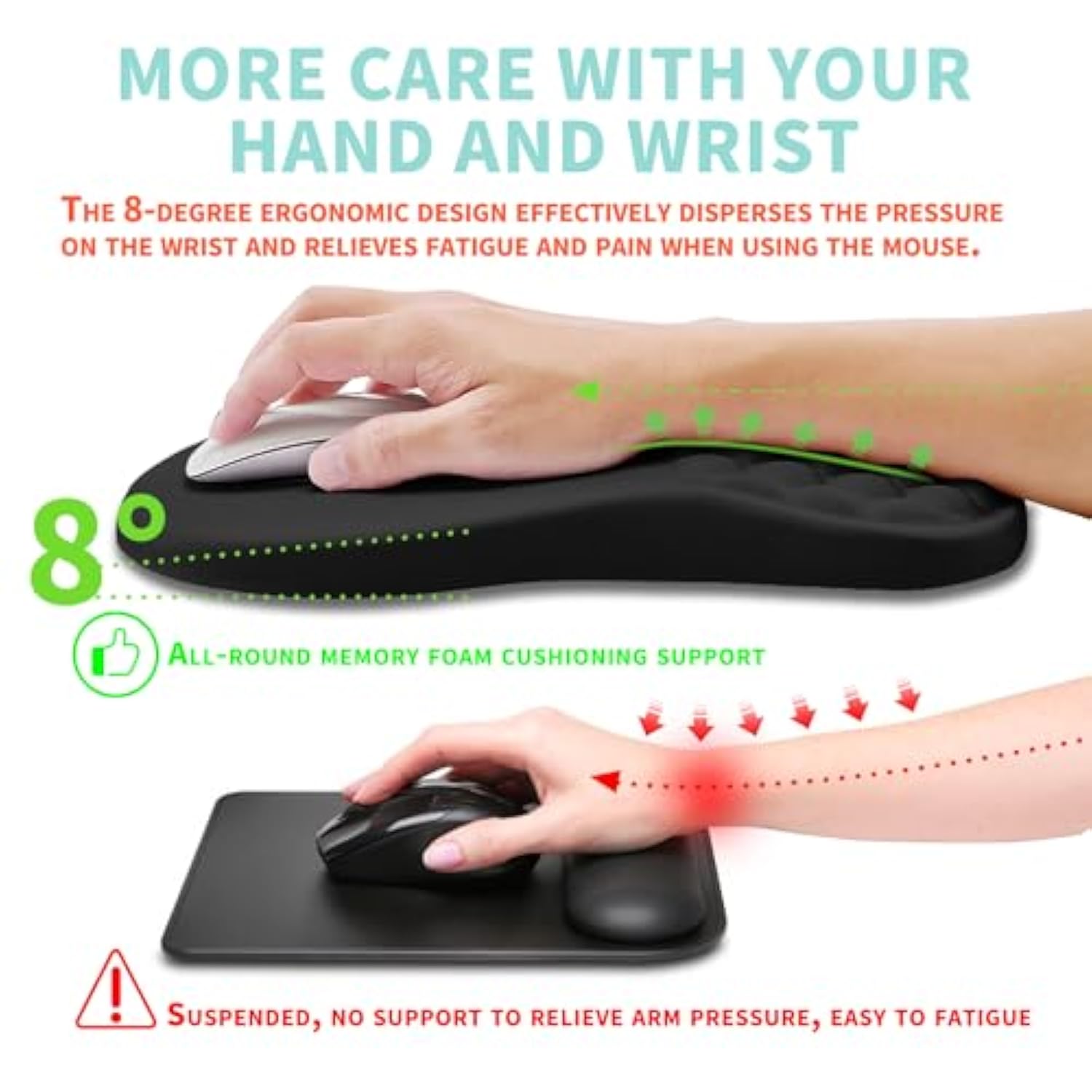 Ergonomic Mouse Pad Wrist Support With Memory Foam Massage Bulge, Carpal Tunnel Pain Relief Mousepad Wrist Rest For Mouse(12X8 Inch, Black)