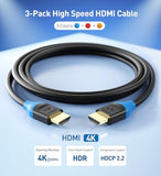 3-Pack High Speed HDMI Cable 15 ft with 4K @60Hz, 2K @144Hz, FreeSync, G-SYNC and HDR Support for Gaming Monitor, PC, Apple TV, and More