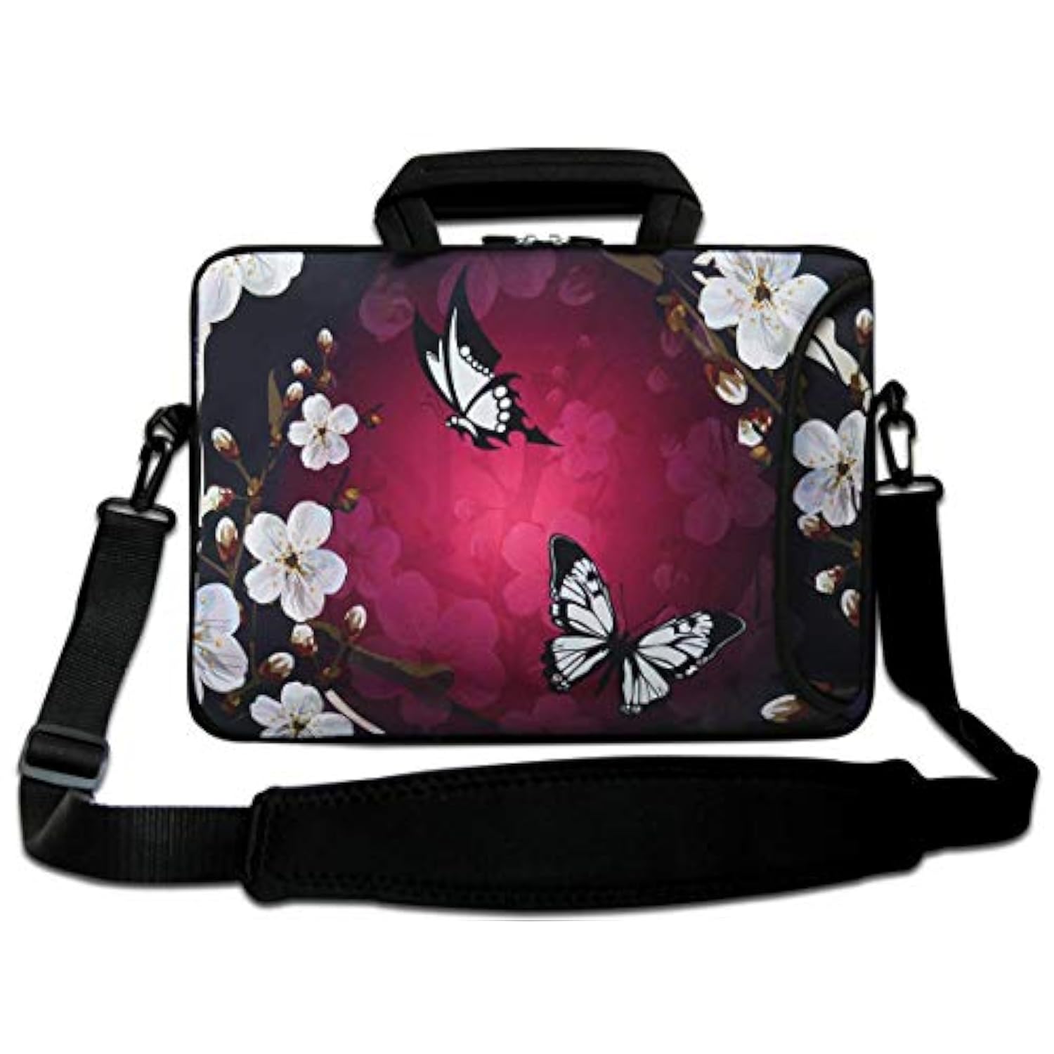 16 16.5 17-17.3-Inch Water Resistant Neoprene Sleeve Notebook Neoprene Messenger Case Tote Bag With Outside Handle And Adjustable Shoulder Strap & Extra Pocket(Butterfly And Flower)